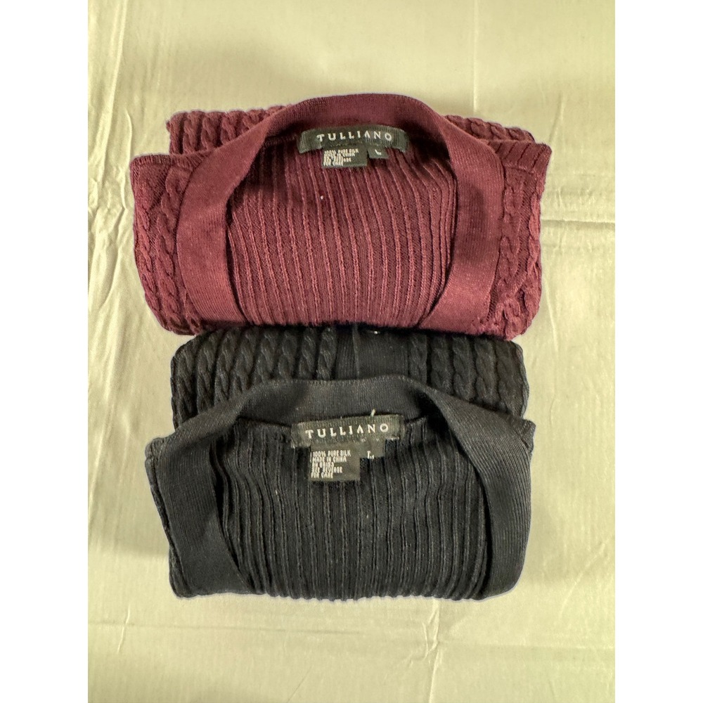 Two Tulliano Mens 100% Silk Cable Knit Cardigan Vest Set Black Burgundy Large